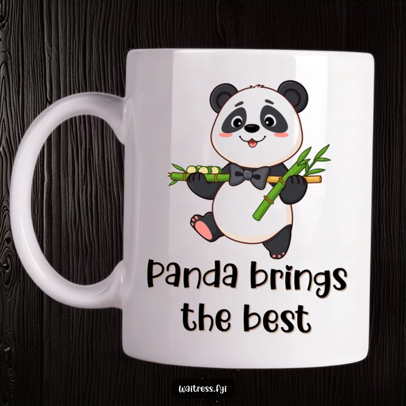 Funny Panda Bamboo Mug featuring a friendly panda in a bowtie delivering a platter of bamboo shoots, exuding gentle charm.