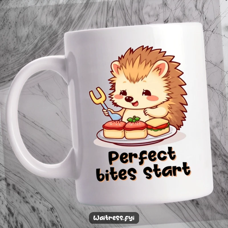 Funny Hedgehog Server Mug: A charming hedgehog meticulously arranges miniature sandwiches on a plate with delicate care.
