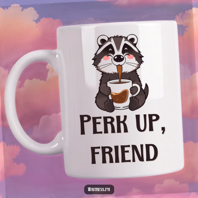 Funny badger coffee mug showing a cheerful cartoon badger in an apron, pouring coffee from a pot into a mug with a smile.