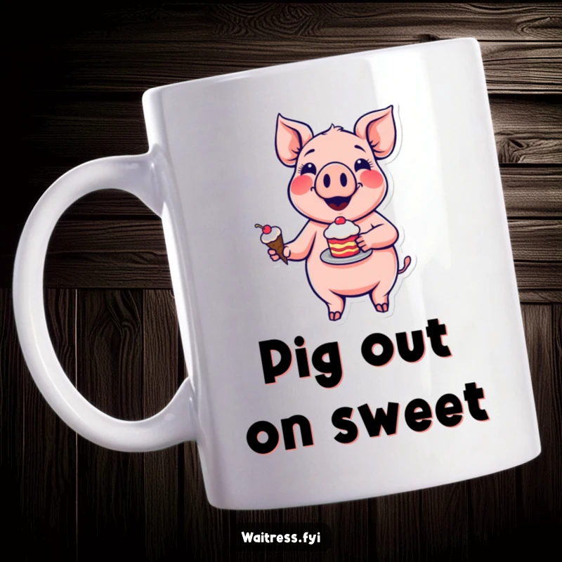 Funny pig dessert mug showing a happy cartoon pig with rosy cheeks, offering a slice of cake with a big, inviting smile.