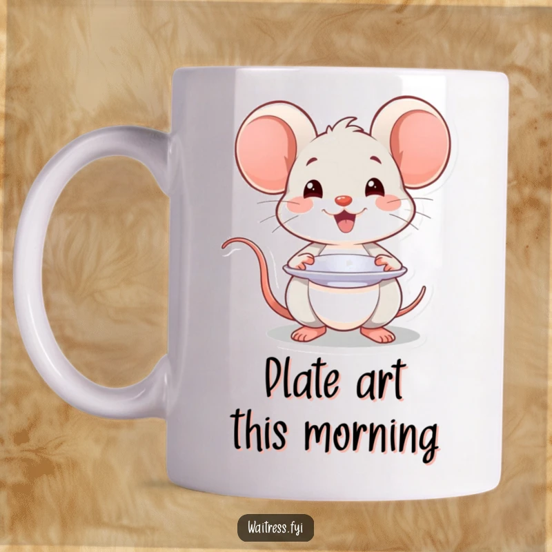 Funny Kawaii mouse mug featuring a smiling mouse presenting a plate with a flourish, ready to serve deliciousness.