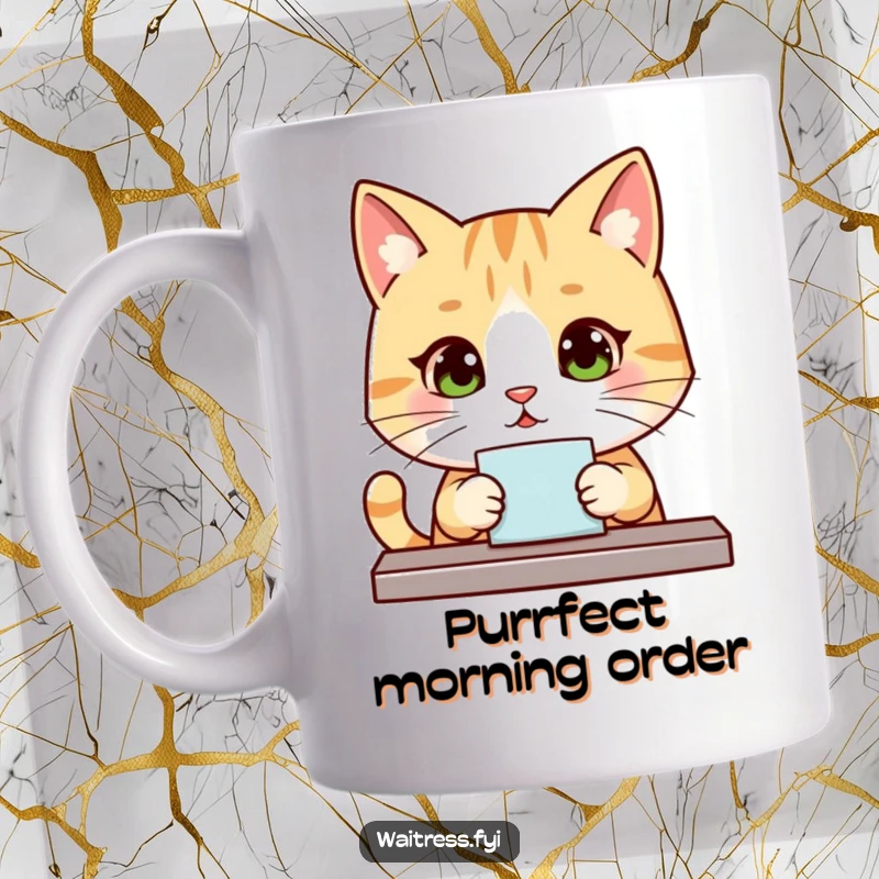 Funny Kawaii Cat Server Mug: A polite and attentive kawaii cat taking an order, perfect for coffee lovers who appreciate cute.
