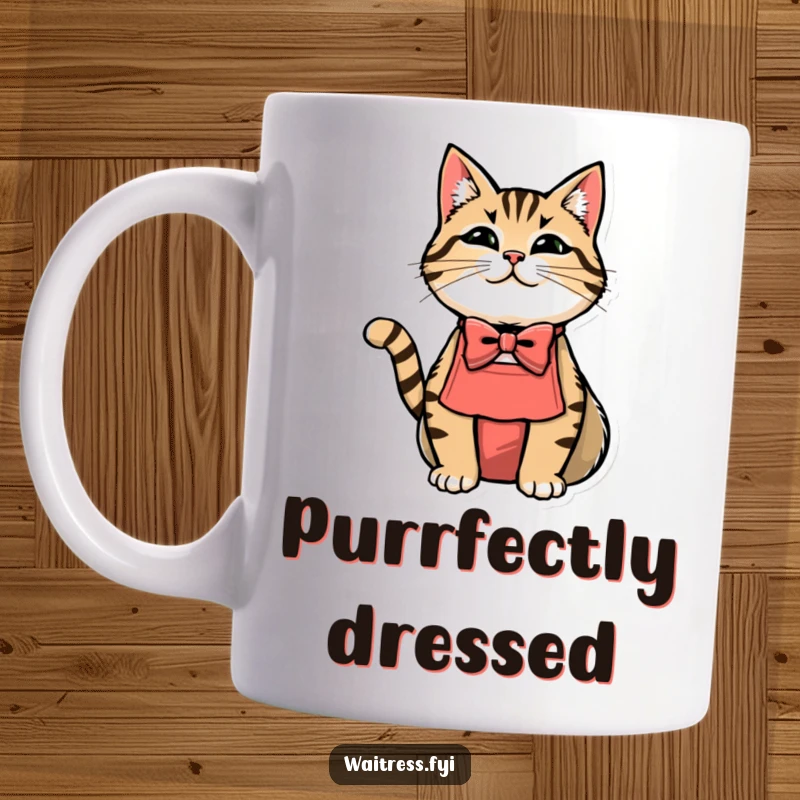 Funny cat waiter mug featuring an anthropomorphic cat wearing a bowtie and apron, looking dapper.