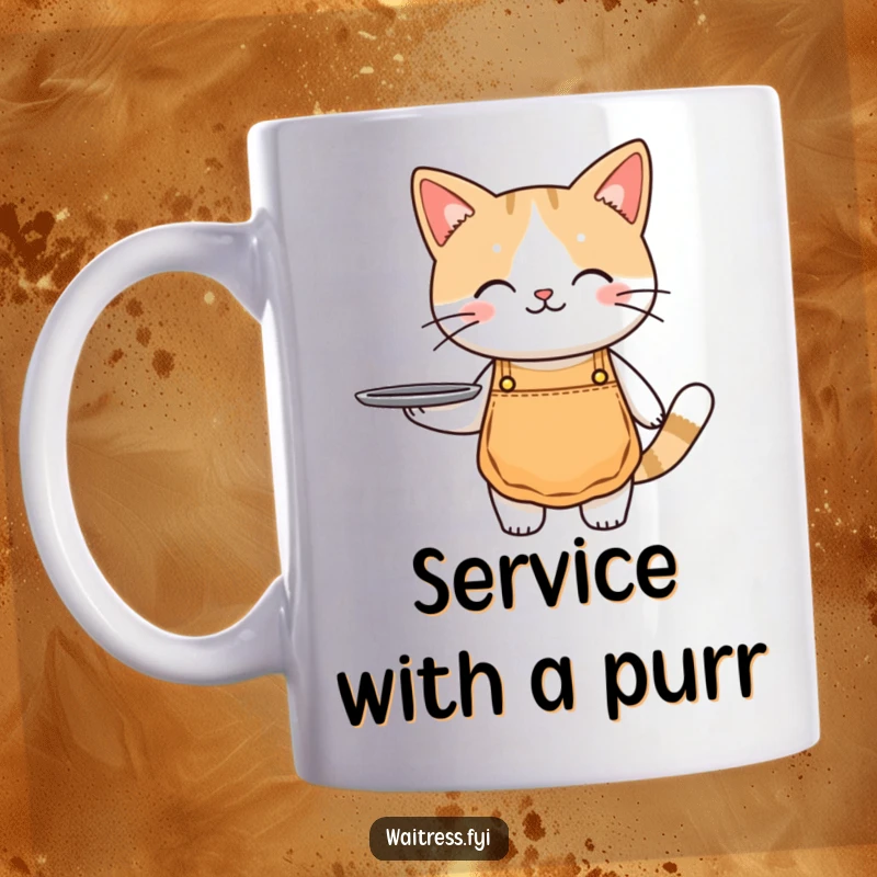 Funny cat waiter mug with a cute cat in a tiny apron holding a serving tray, ready to bring your coffee.