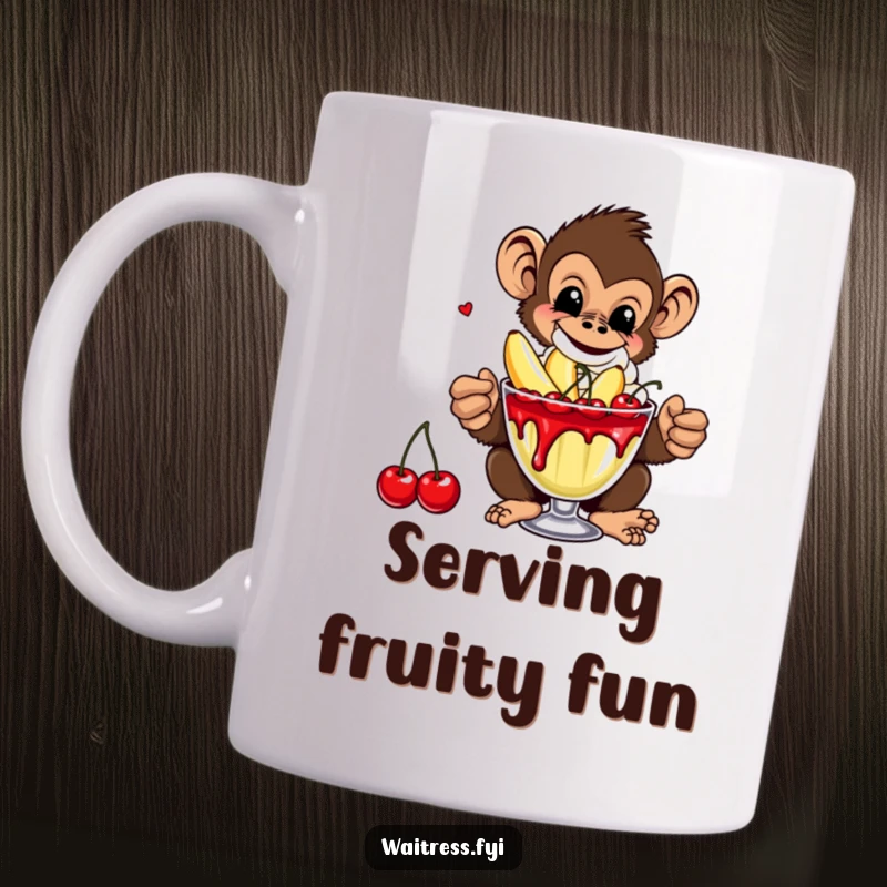 Funny Monkey Banana Mug featuring a mischievous monkey serving a loaded banana split with extra cherries, full of playful energy.