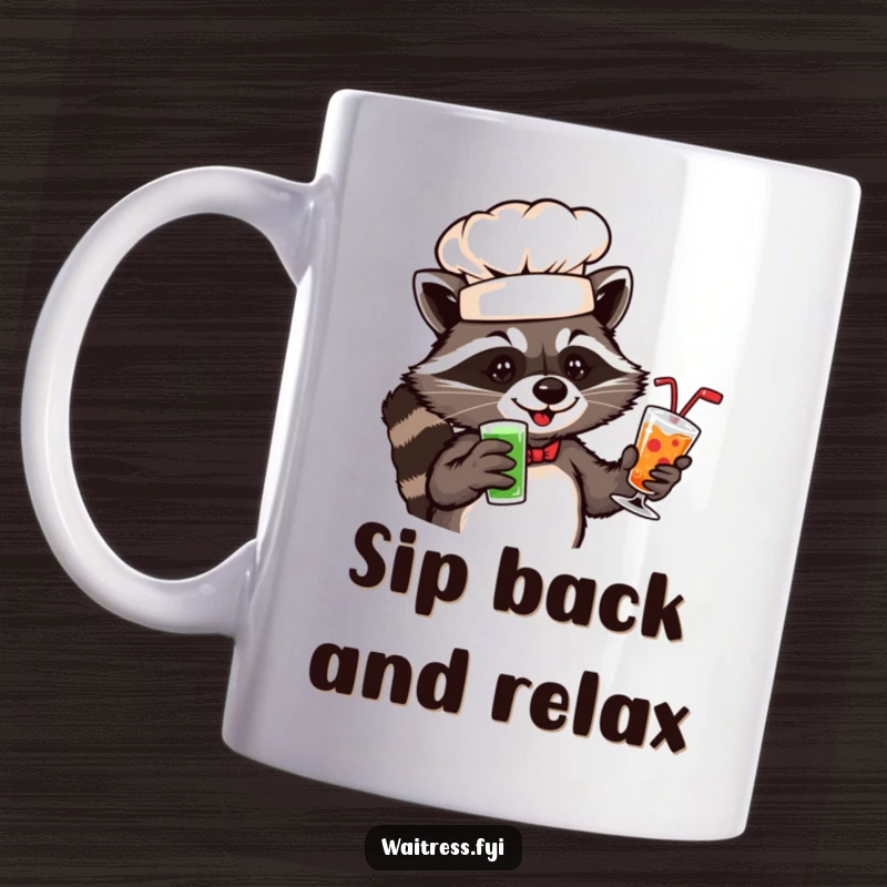 Funny raccoon chef mug featuring a playful raccoon in a chef hat serving drinks.