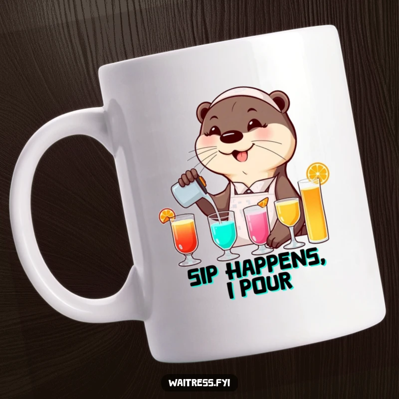 Funny otter waitress mug showing a smiling otter pouring colorful drinks with a flourish, capturing a moment of skillful and cheerful service.
