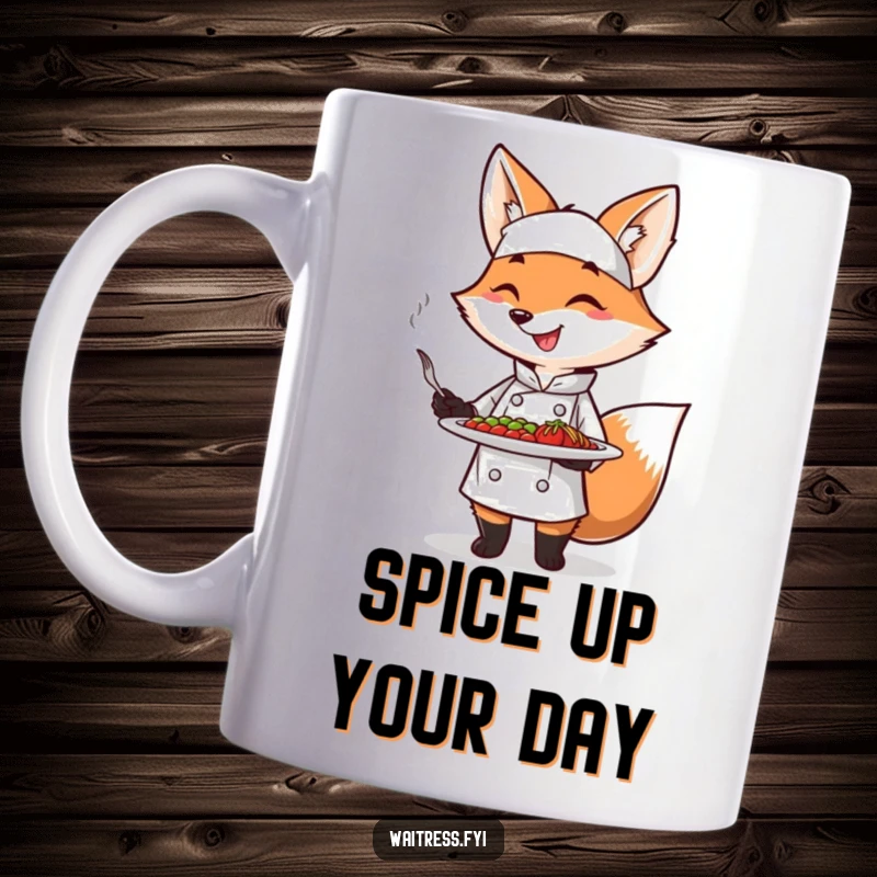 Funny Fox Chef Mug with a smiling fox in a uniform presenting a plate with a flourish, perfect for cooks and as a funny gift.