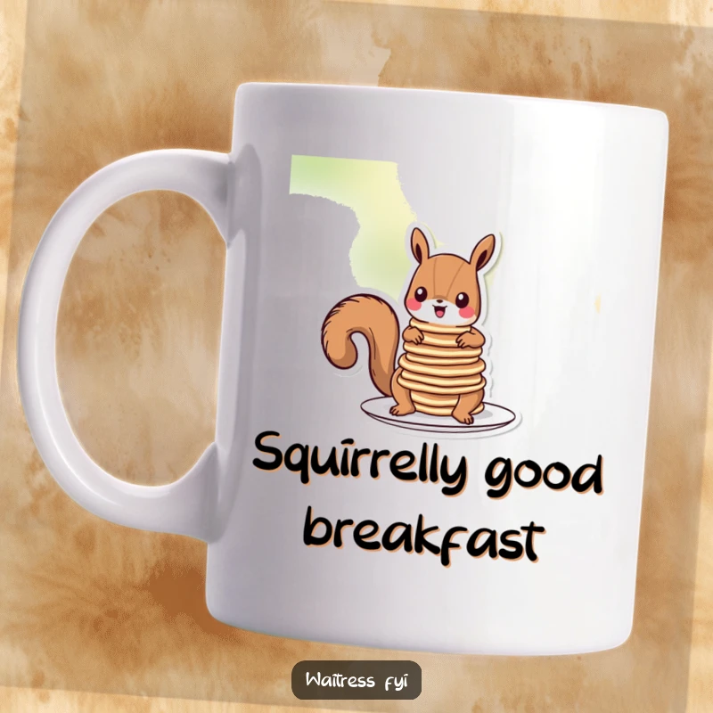 Funny squirrel pancakes mug showing a cartoon squirrel with wide eyes, struggling to balance a tall stack of pancakes with syrup.