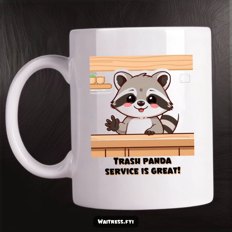 Funny raccoon mug, a delighted raccoon cheerfully waving from behind a counter. A friendly and humorous animal design.