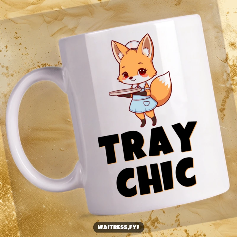 Funny fox waiter mug with a cute fox in a diner uniform holding a serving tray, bringing a smile.