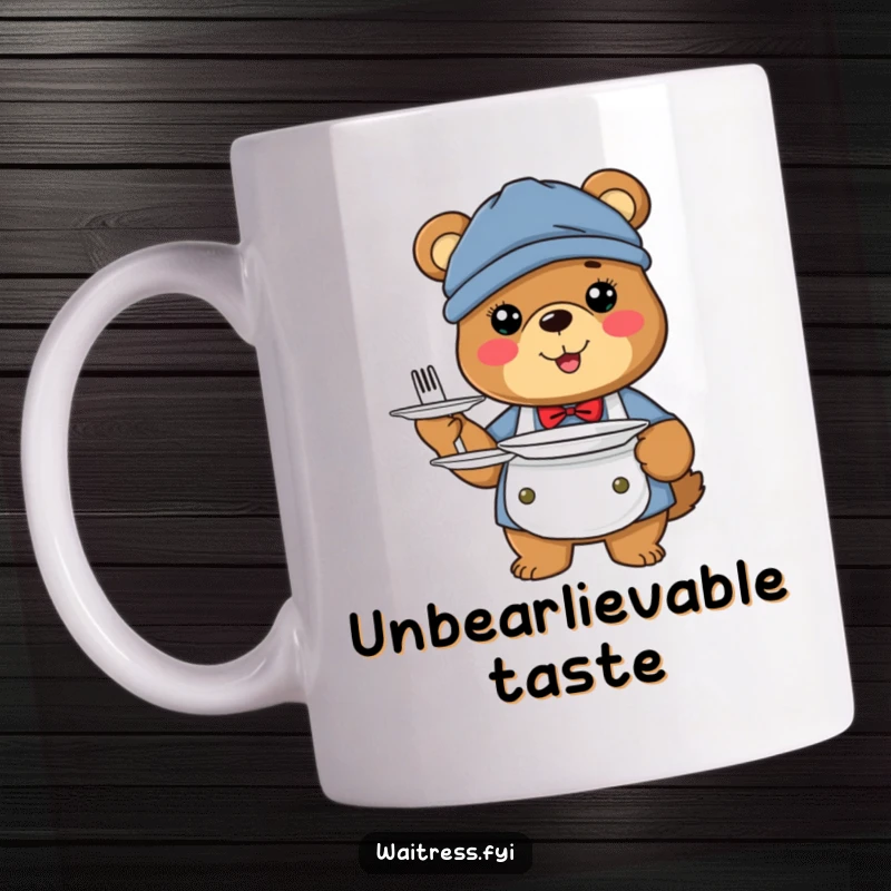 Funny bear server mug featuring a happy bear dressed as a server holding plates.
