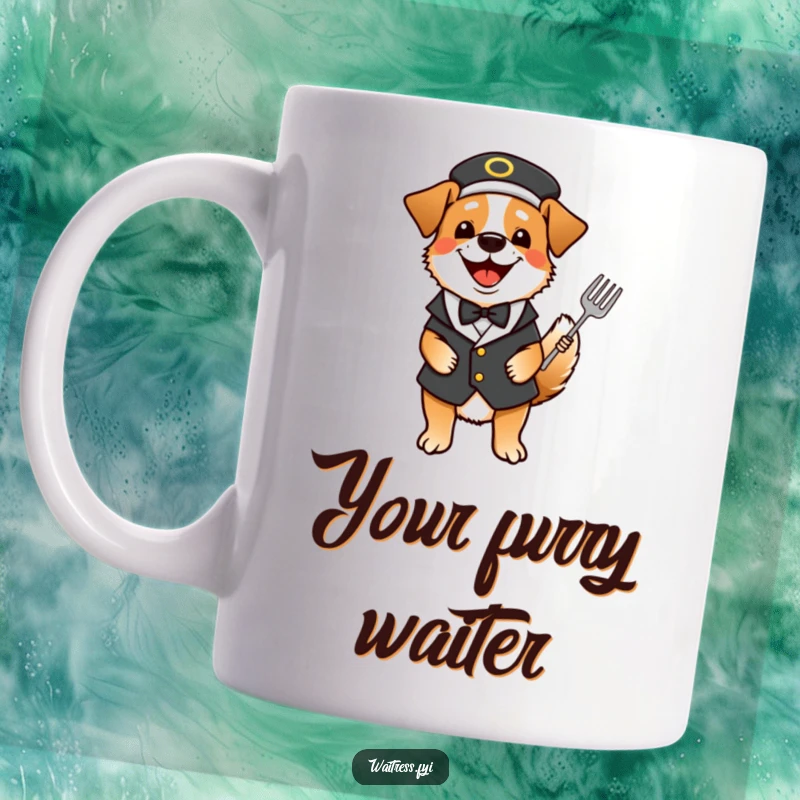 Funny dog waiter mug featuring a happy dog in a waiter uniform, tail wagging excitedly.