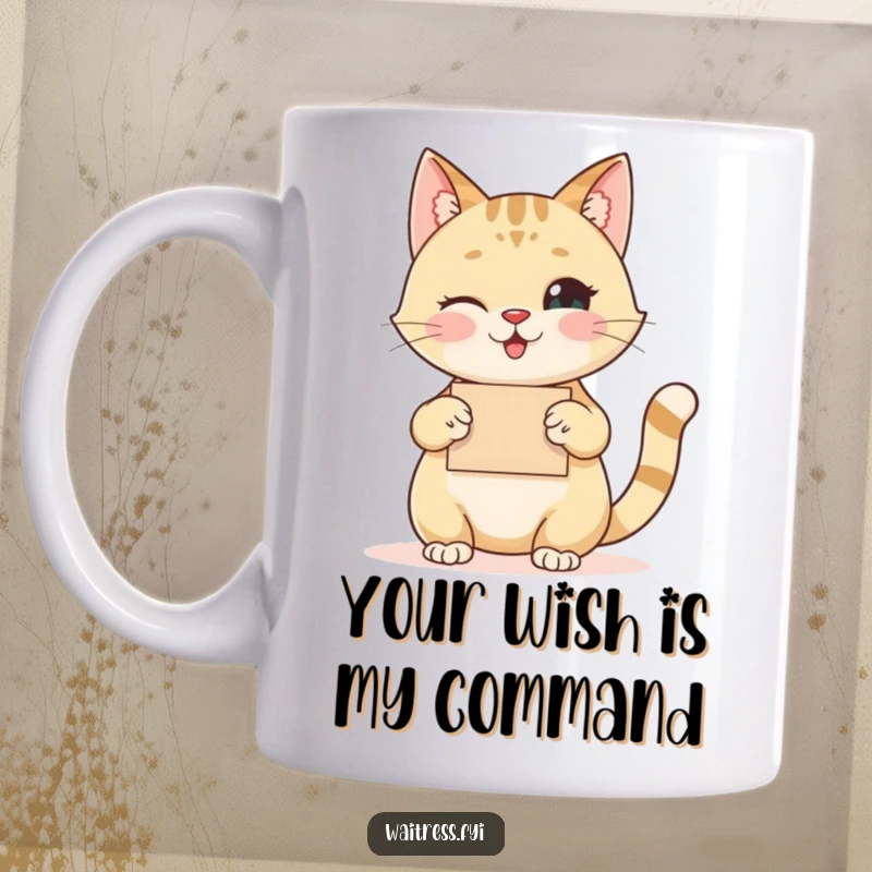 Funny cat mug showing a happy cat taking an order with a polite nod and a twinkling eye, charming and humorous.