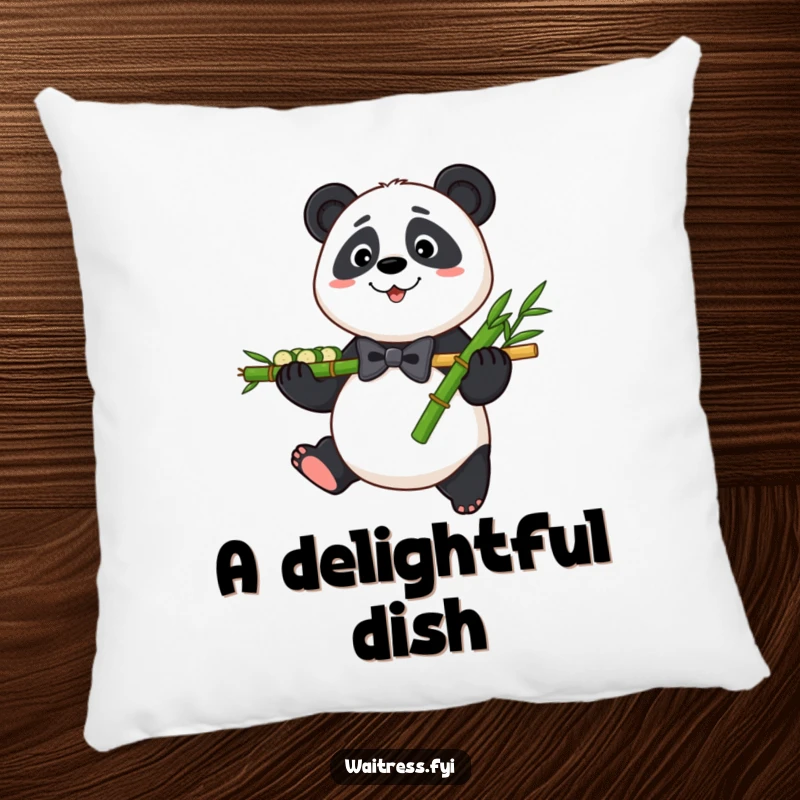 Funny Panda Bamboo Pillow featuring a friendly panda with a bamboo platter, offering comfort and humorous visual appeal.