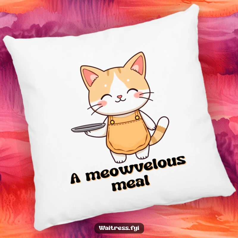 Funny cat waiter pillow with a cute cat dressed as a server, holding a tray, for cozy decor.