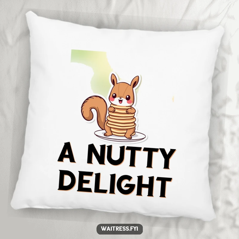Funny squirrel pancakes pillow with a cartoon squirrel hugging a giant pancake, looking content and ready for a nap.