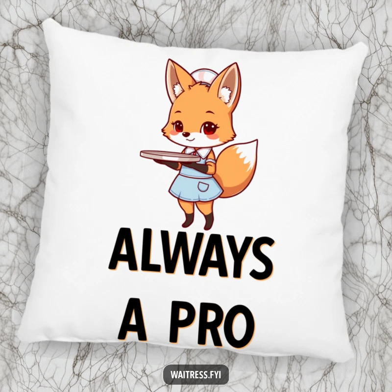 Funny fox diner pillow with a cute fox in a diner uniform holding a tray.