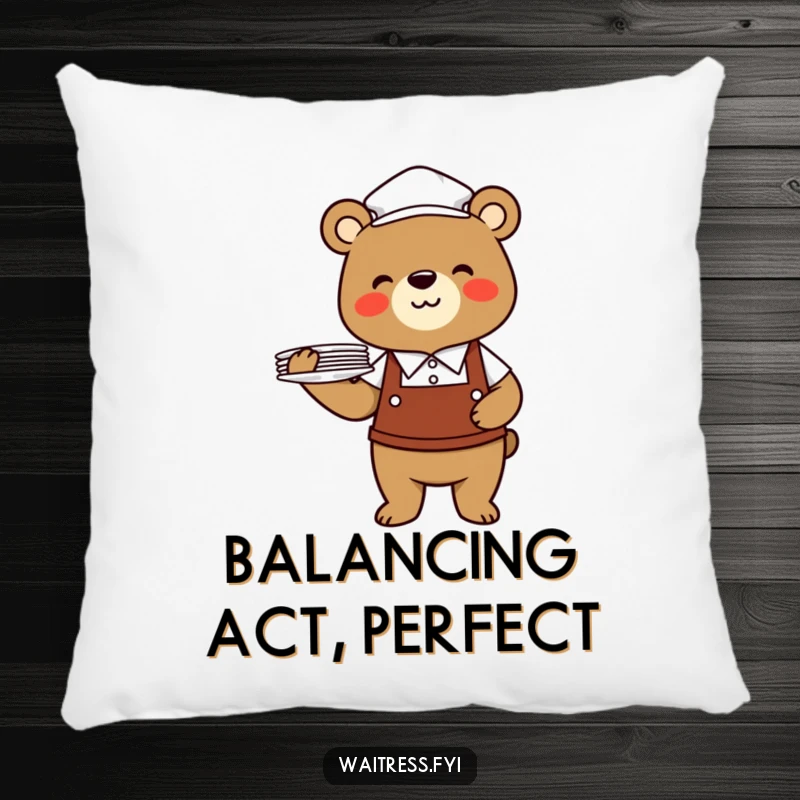 Funny bear waiter pillow with a cheerful bear in a uniform balancing plates, ideal for cozying up.