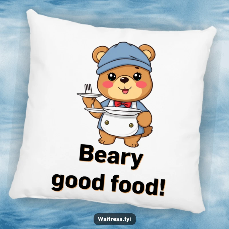 Funny bear server pillow with a happy bear dressed as a server holding plates.