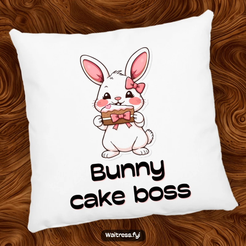 Funny bunny cake pillow with a playful bunny presenting a slice of cake with a ribbon bow.