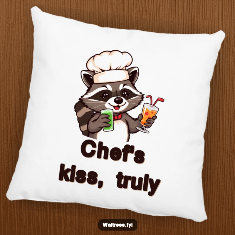 Funny raccoon chef pillow with a playful raccoon in a chef hat serving drinks.