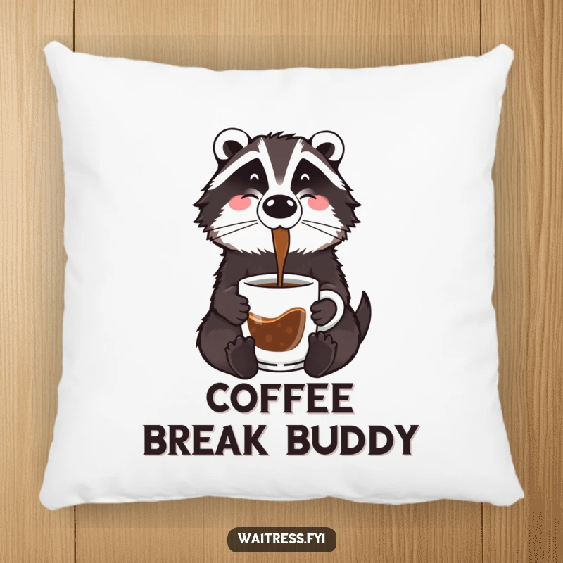 Funny badger coffee pillow with a cartoon badger holding a steaming mug of coffee, looking content and ready for a cozy moment.