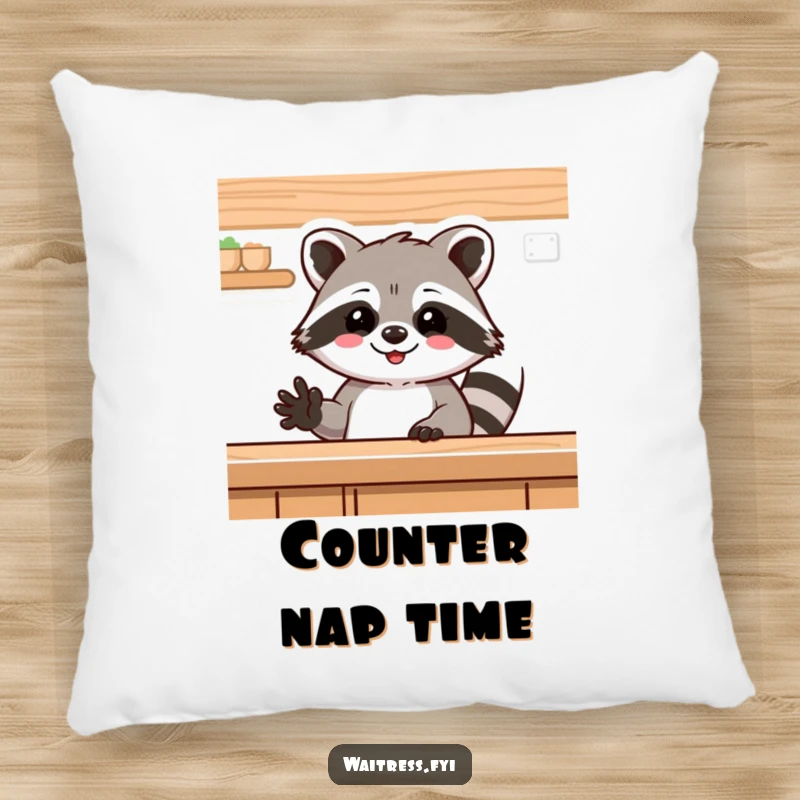 Funny raccoon pillow, a delighted raccoon waving from behind a counter. Soft and humorous decorative accent.
