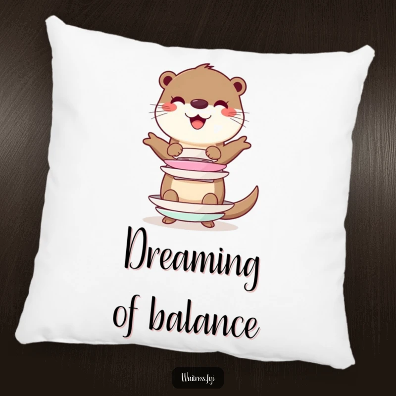 Funny cheerful otter character balancing a stack of imaginary plates on a soft pillow, providing comfort and a humorous touch.