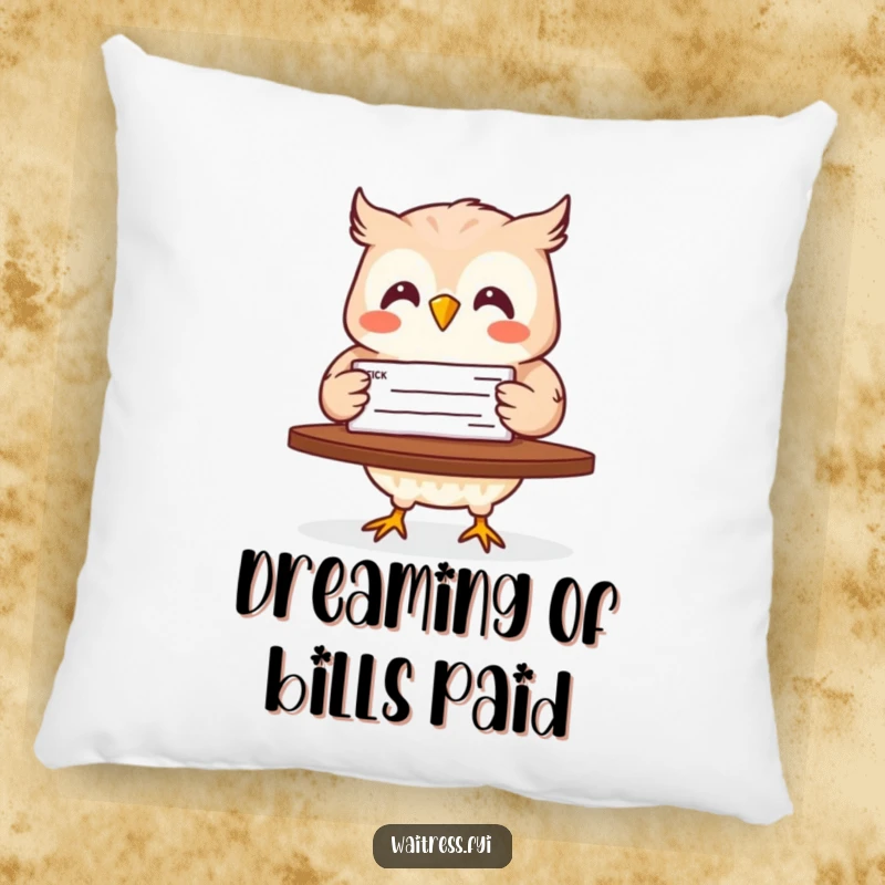 Funny pillow with a delighted owl carrying a check, providing comfort and a humorous touch to any living space.