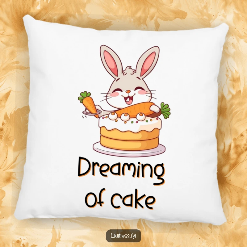 Funny Bunny Baker Pillow featuring a giggling bunny, expertly serving a giant carrot cake with a flourish.
