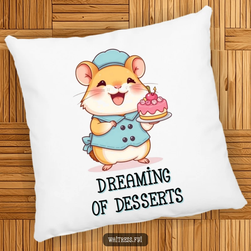 Funny Hamster Waitress Pillow: A perky hamster gleefully presents a tiny cake, offering a soft and cheerful decorative touch.