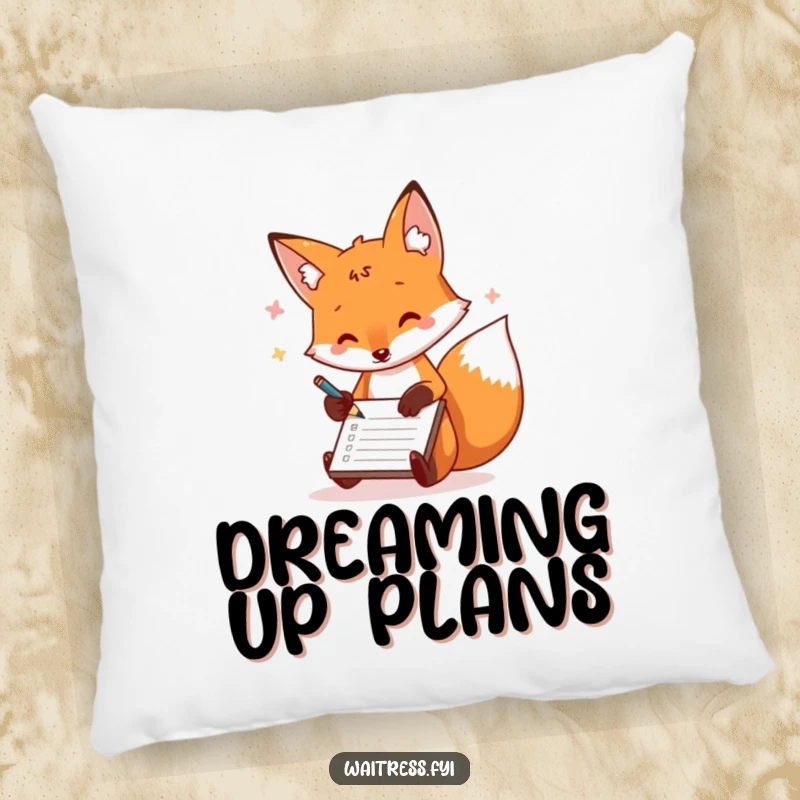 Funny fox pillow showing a playful fox scribbling on a notepad, a comfortable and humorous accent.