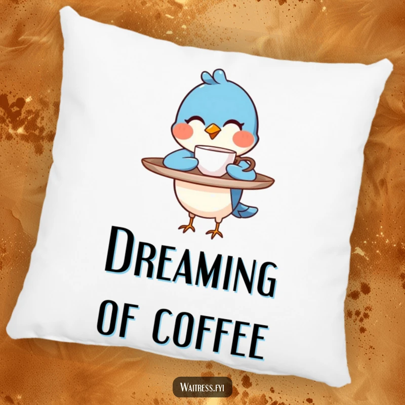Funny blue bird character balancing a tray, winking as it presents a steaming cup on a pillow, a funny accent gift.