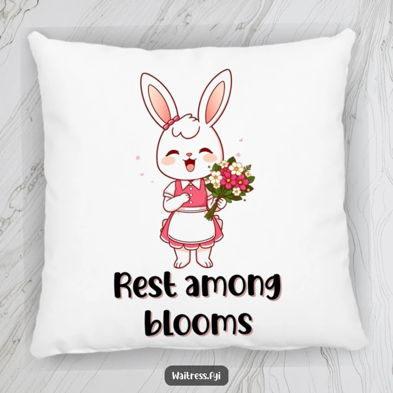 Funny Bunny Waitress Pillow: A cheerful bunny waitress presenting a flower bouquet with a curtsey, bringing sweet charm and humor to any room.