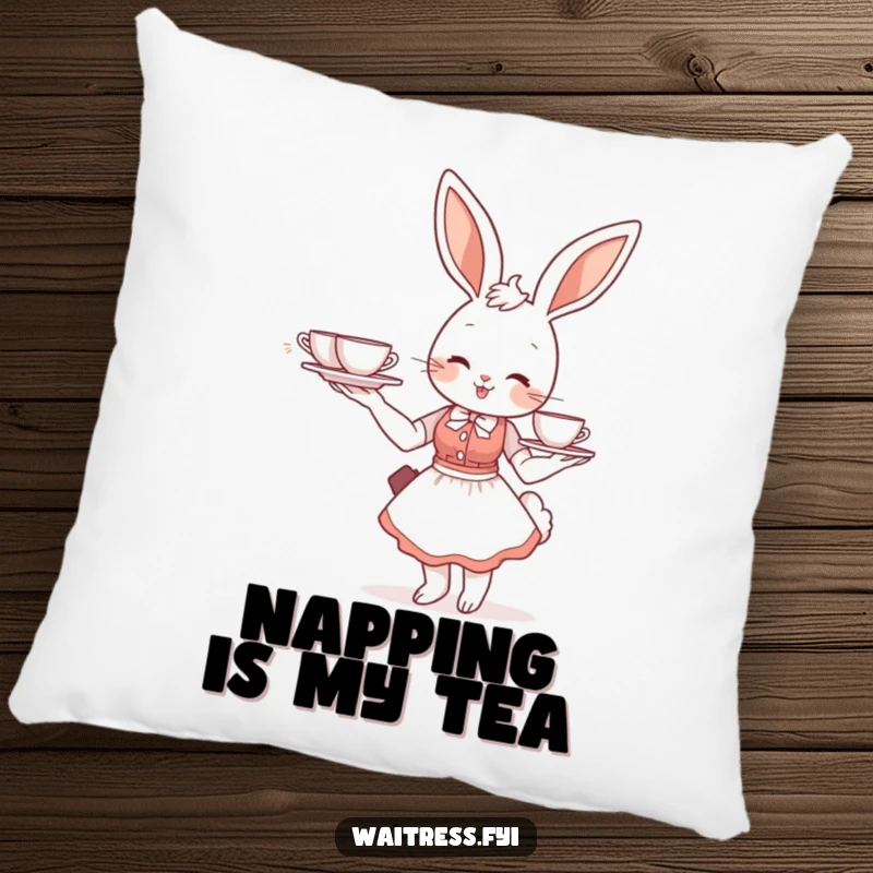 Funny bunny waitress pillow with a plush design of a smiling bunny balancing a tea tray, perfect for cozy comfort.