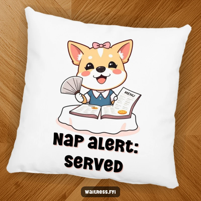 Funny dog waitress pillow with a bubbly dog fanning a large menu, offering comfort and a humorous touch to any room.