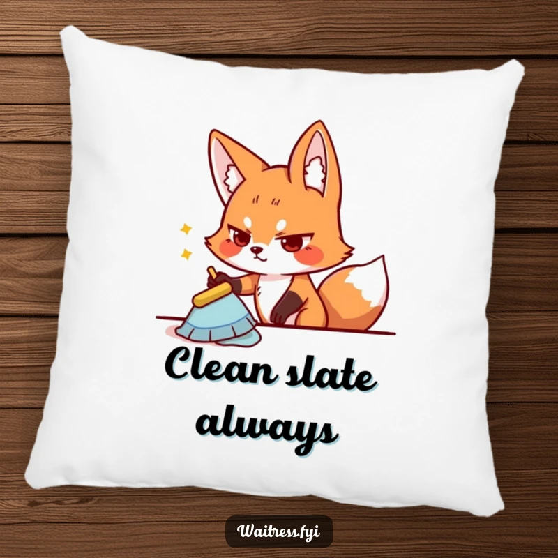 Funny playful fox character determinedly wiping a table on a soft pillow, providing comfort and a humorous touch.