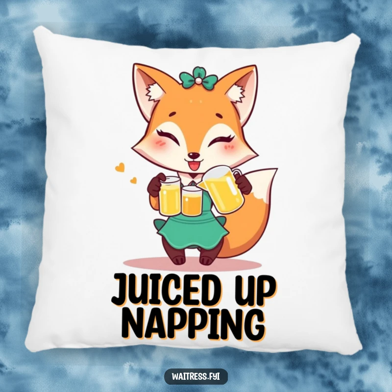 Funny Fox Waitress Pillow: Winking fox pouring juice, soft and humorous decorative pillow.