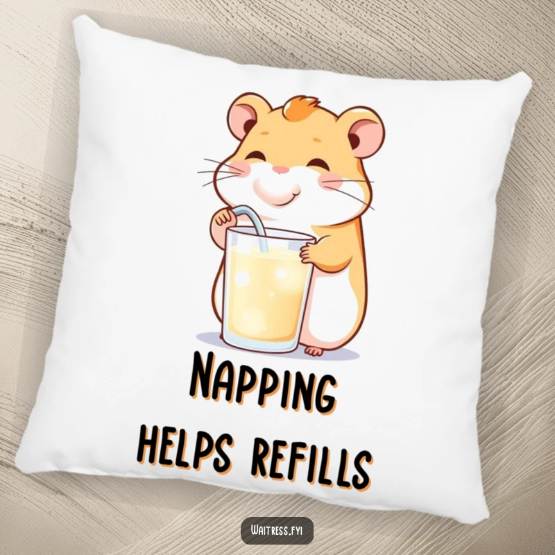 Funny pillow with a happy hamster cheekily refilling a drink, offering comfort and a cheerful, humorous decorative accent.