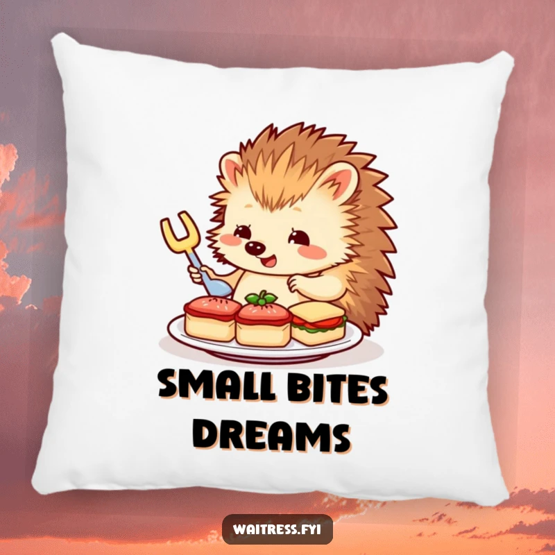 Funny Hedgehog Server Pillow: A charming hedgehog carefully arranges miniature sandwiches, offering a soft and sophisticated decorative touch.