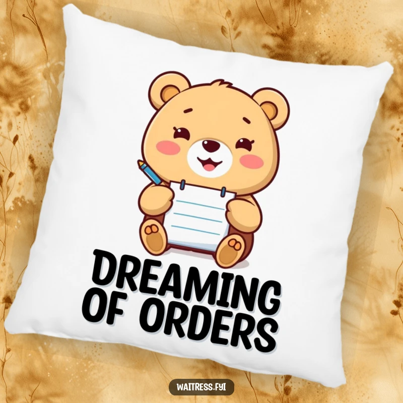 Funny Kawaii bear pillow depicting a happy bear with a notepad and pen, ready to take orders, for comfort.