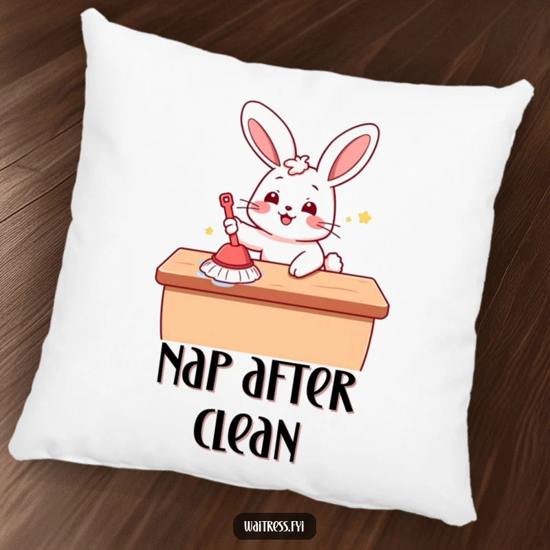 Funny Kawaii Bunny Pillow: A plush pillow featuring a smiling bunny cleaning, offering comfort and kawaii charm.