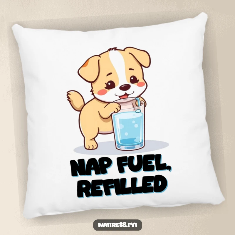 Funny Kawaii Dog Pillow: A plush pillow featuring a cute, tail-wagging dog refilling a glass, perfect for comfort and charm.