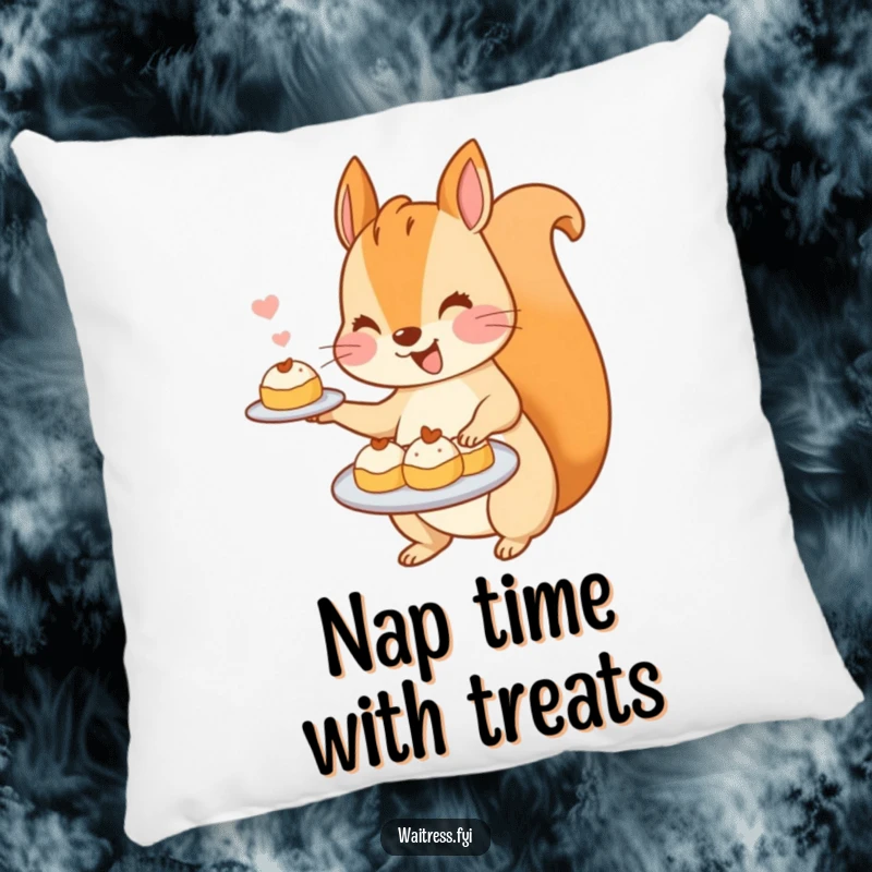Funny Kawaii Squirrel Pillow: A soft pillow featuring a kawaii squirrel enthusiastically presenting a plate of tiny, inviting pastries.
