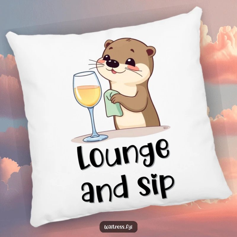 Funny Otter Bartender Pillow with a happy otter polishing a wine glass, perfect for sofa decor and as a cute, funny gift.