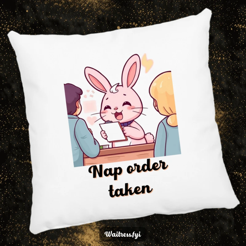 Funny pink rabbit character with a notepad, cheerfully taking an order, on a pillow, a funny home decor gift.