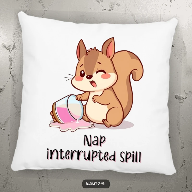 Funny pillow with a startled squirrel spilling a drink, providing comfort and a humorous touch to any living space.