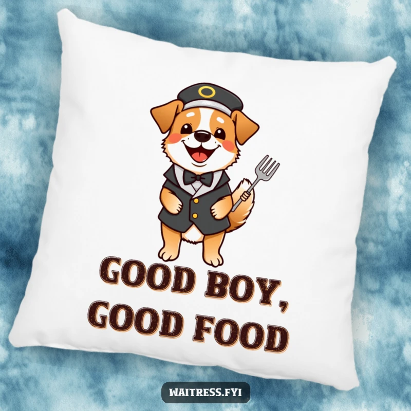 Funny dog waiter pillow with a happy dog dressed as a waiter, tail wagging with excitement.