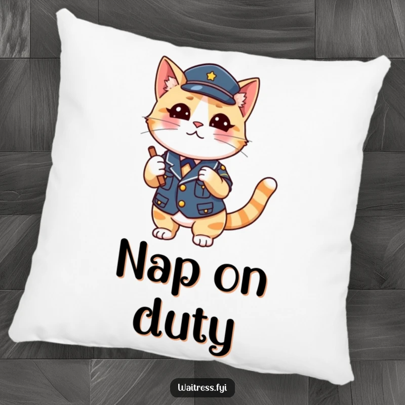 Funny Cat Waiter Pillow with a playful cat in uniform winking, perfect for sofa decor and as a cute, funny gift.